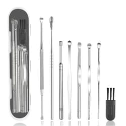 Hion 8 Pcs Ear Wax Removal Kit,Professional Double-Headed Ear Pick Earwax Removal Tools,316L Stainless Steel Ear Cleaner Curette with Cleaning Brush and Storage Box,Suit for Kid Adult(Silver)