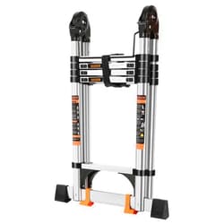 PEAYLI Telescoping Ladder 12.5 FT A Frame, Extension Multi-Purpose with Balance Bar Heavy Duty 330 lbs Max Capacity for Home and Outdoor Work, Silver