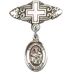 Unknown Sterling Silver Baby Badge with St. James the Greater Charm and Badge Pin with Cross 1 X 3/4 inches