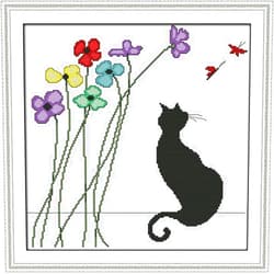 Awesocrafts Cross Stitch Kits, Black Cat and Flowers Easy Patterns Cross Stitching Embroidery Kit Supplies, Stamped or Counted (Cat, Stamped)