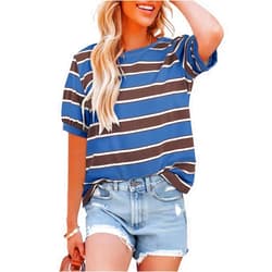 Dokotoo Womens Summer Tops 2026 Striped Color Block Short Sleeve Fashion T-Shirts Crewneck Casual Loose Basic Tee Blouses