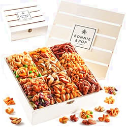 BONNIE AND POP - Nut Gift Basket | Healthy Gift of Assorted Nuts in Reusable Wood Crate | Large Variety Tray with Unique Flavors | Parties, Holidays, Birthday, Sympathy, Office, Thank You, Him, Her | Bonnie & Pop