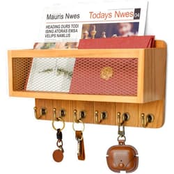 Rebee Vision Farmhouse Key and Mail Holder for Wall with Mesh Mail Basket : Decorative Mail Organizer Wall Mount with 6 Retro Key Hooks - Rustic Home Decor for Entryway (Light Brown)