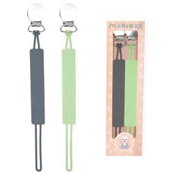 MORIBOX Pacifier Clip for Boys Girls - MORIBOX Silicone Paci Clip with One Piece Teething Relief Neutral Baby Binky Holder Leash for Shower Christmas Gift 2 Pack (P-Grey&Green)