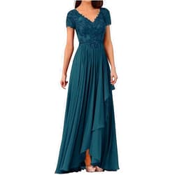 SFMAOYI Mother of The Bride Dress Cap Sleeves Lace Applique Groom's Mother Dresses V Neck Formal Wedding Party Gowns Peacock