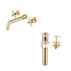 Besfocet Brushed Gold Wall Mount Faucet and Bathroom Sink Drain