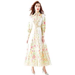 LAI MENG FIVE CATS Women's Floral Print Belt Maxi Dress Flowy Casual Button Up Split Long Dress