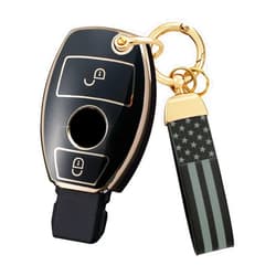 KUNIO TPU Car Key Fob Cover Case Fit for Mercedes Benz A B R G Class GLK GLA Cla A180 A200 A260 A AMG W204 W251 W463 W176 Key Protective Cover USA Flag Keychain Key Holder 2 Button A Black