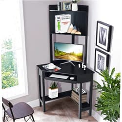 Tangkula Corner Desk with Hutch, 90 Degrees Triangle Corner Computer Desk with Keyboard Tray & Bookshelves for Small Space, Space Saving Corner Writing Desk for Bedroom