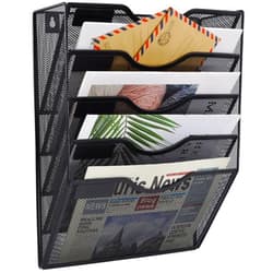 COSYAWN Wall File Holder 5 Pocket Mesh Hanging Wall Organizer Vertical Hanging File Folder Holder Magazine Rack with Nametag Label for Mail Paper Organization,Black
