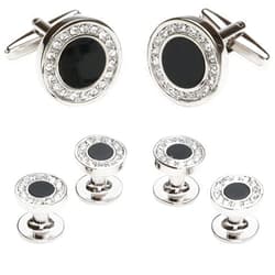 Cuff-Daddy Black Onyx and Crystal Silver Cufflinks and Studs Formal Set with Travel Presentation Gift Box - 5/8