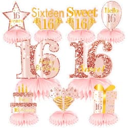Turypaty Sweet 16 Birthday Honeycomb Centerpieces Decorations for Girls, 9Pcs Pink Rose Gold 16th Birthday Table Centerpieces Party Supplies, Sixteen Year Old Birthday Table Toppers Decor