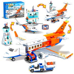 HOGOKIDS City Passenger Airplane Building Set - 697 PCS STEM 3 in 1 Airport Passenger Plane Building Block Toy with Baggage Truck Radar Tower Shuttle Bus for Boys Girls Kids Adults 6 7 8 9+ Years Old