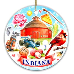 Sportyzen Indiana State Christmas Ornament – Round Ceramic Keepsake, Featuring State Symbols, Cardinal Bird, Corn, Barn, Basketball– Indiana Souvenir Gift for Family & Friends