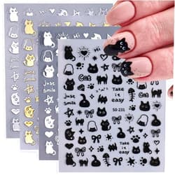 FBABFBUO Cute Cat Nail Art Stickers Decals 3D Cat Star Nail Stickers 8PCS Black White Gold Silver Kawai Cartoon Animal Self-Adhesive Nail Decals Nail Art Supplies for Women Girls Manicure Nail Art Decorations