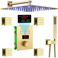 AYIVG Brushed Gold Shower Body Sprays System 12 Inch LED Wall Mounted Rain Shower Head System Digital Display Thermostatic Shower System With 4PCS Body Spray All Functions Can Work Simultaneously