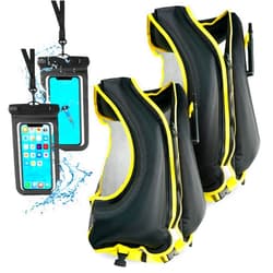 NoR Creations 2 Inflatable Life Jackets for Adults with 2 Waterproof Phone Cases – Adjustable Snorkeling Vest – 68 lbs - 220 lbs - Adult Swim Vest for Snorkeling