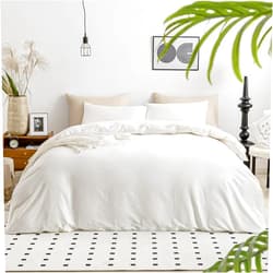 JELLYMONI White Duvet Cover California King - 100% Washed Cotton Linen Feel Textured Lightweight Cooling Comforter Cover, 3 Pieces Soft Bedding Set with Zipper Closure (White, Cal king 104