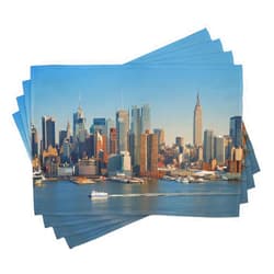 Ambesonne Urban Place Mats Set of 4, New York City Skyline Over Hudson River Empire State Building Boats and Skyscrapers, Washable Fabric Placemats for Dining Room Kitchen Table Decor, Blue Brown