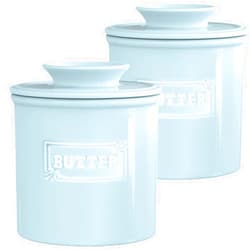 AVLA 2 Pack Ceramic Butter Crock, French Butter Dish with Water Line, Butter Keeper Butter Container for Countertop, Big Capacity, Aqua Blue