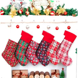 LUBOT 6 Pack Christmas Stocking(20inch) Plaid Snowflake Canvas Fireplace Hanging Xmas Stockings for Family Decorations Holiday Party Decor