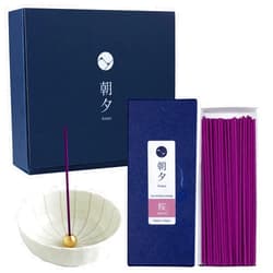 Asayu Japan Low Smoke Incense Gift Set with Incense Holder and Brass Stand, Sakura Incense Sticks with White Lotus Holder (Sakura Cherry Blossom + White Lotus Holder)
