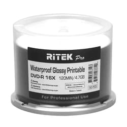 Ritek Pro 50 Pack Ritek Pro (Professional Grade) DVD-R 16X 4.7GB AZO Dye (MID MXL RG04) Watershield Water Resistant Glossy White Inkjet Hub Printable Blank Recordable Disc