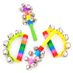 Whaline 4pcs Hand Jingle Bells Hand Sleigh Bells Rainbow Rattles Bell Handhold Wooden Bells with Handle Musical Instrument Gifts School Desk Ring Bell for Education Party Christmas