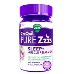 ZzzQuil Vicks ZzzQuil Pure Zzzs Sleep+ Muscle Relaxation Melatonin Sleep Aid Gummies, Supports Healthy Muscle Function, Melatonin + Magnesium, No Next-Day Grogginess, Drug-Free & Non-Habit Forming, 60ct