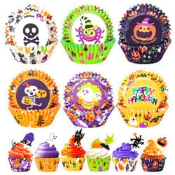 Homyplaza Halloween Cupcake Liners with Toppers Picks, Standard Wrappers Cupcake Disposable Baking Cups Muffin Liners for Halloween Party Decorations Supplies (150 Liners & 150 Toppers)
