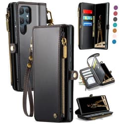 Defencase Compatible with Samsung Galaxy S22 Ultra Case Wallet with RFID Blocking Card Holder for Women Men, PU Leather Magnetic Snap Flip Zipper Strap Phone Case Fit for Galaxy S22 Ultra 5G, Black