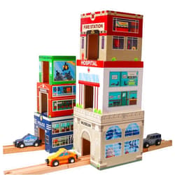 ZANY TRAINS 6 Wooden Stacking City Buildings - Nesting Community Helpers Building Boxes - Wood Sorting Cubes Town Play Set for Mats, Toy Cars and Trains - Educational Preschool Track Accessories Learning Toddler