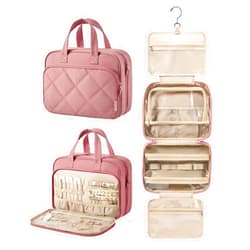 BAGSMART HangingToiletry Bag for Women, Puffy Travel Toiletry Bag with Jewelry Organizer, Waterproof Cosmetic Makeup Bag Compartment, Toiletries Kit Set for Traveling, Accessories, Essentials (M)