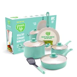 GreenLife 8 Piece Nonstick Cookware Set, Non-Toxic PFAS-Free Ceramic Pots & Pans, Dishwasher & Oven Safe, Frying, Sauce, Stock Pot, Glass Lids, Stay-Cool Handles, Wobble Free, Turquoise