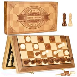 AMEROUS 15'' Magnetic Wooden Chess & Checkers Game Set -2 Extra Queens -24 Cherkers Pieces - Chessmen Storage Slots, Beginner Chess Set for Kids and Adults, Classic 2 in 1 Board Games