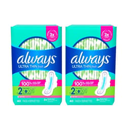 Always Ultra Thin Pads Size 2 Super Long Absorbency Scented with Wings, 40 Count, Packaging may vary