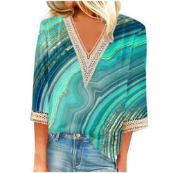 SMIDOW Women's 3/4 Length Sleeve Tops Lace Trim V-Neck Summer Trendy Shirts Blouse Vintage Floral Printed Draped Blouses