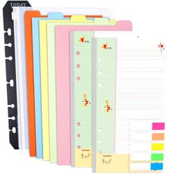 Rancco Cornell-Note Taking-System A6 Planner Refill Paper, 90 Page Colorful 5R Cornell Notes 6-Ring Binder Loose-leaf Inserts w/Zipper Pouch, Binder Divider, Ruler, Index Tab, College Ruled, 6.9x3.7