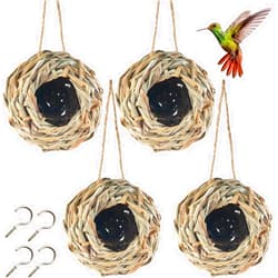 TIHOOD 4PCS 5.5inch Hanging Hummingbird Nest House for Outside, Ball Shape, Hand Woven, Durable Sturdy, Made of Natural Grass, Perfect for Garden Patio Lawn Office Indoor