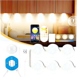 Meiyue Motion Sensor Under Cabinet Lights,LED Under Counter 6 Puck Lights with APP&Remote&Sensor,3 Work Modes,3 Colors,Timers,Motion Activated or No Motion Light On Dimmable Night Light12Ft for Home,Closet