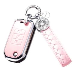 SHANGHONG Compatible with Honda Key Fob Cover with Keychain, Rhinestones Car Key Fob Replacement Case, Key Fob Shell Fit for Honda(Model3, Pink)