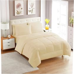 FlyCotton Beige Twin/Twin XLSize 5 Piece Box Stitched Comforter Set 100% Egyptian Cotton Duvet Insert with Corner Tabs 500 GSM Super Soft & Cozy Bedding Quilted (1 Comforter + 4 Pillowshams)
