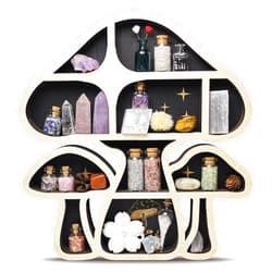 FNYDOX Wooden Mushroom Floating Shelves, Crystal Display Shelf for Wall, Cute Mushroom Wall Decor, Rock Gem Stone Storage Organizer, Essential Oil Holder Hanging Case, Meditation Art Spiritual Gift