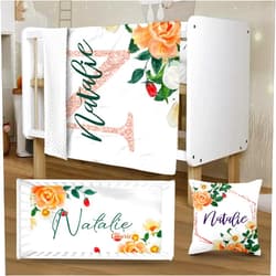 YISMEET Personalized Crib Bedding Set, Toddler Set with Name, 3 Pcs Flower Baby Crib Set for Infant Babys, Comfort Double Layer Blanket, Crib Sheet, Pillowcase
