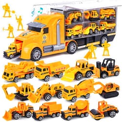 LovesTown Construction Truck Toy Set, 22 in 1 Carrier Truck with Sounds Lights 12 Construction Vehicles 9 Worker Figures for Kids Birthday