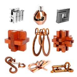 ActPo 9pcs Puzzles Bulk Gift for Kids, Teens, and Adults Retro Wooden and Metal Unlock Interlock Brain Teaser Toys.