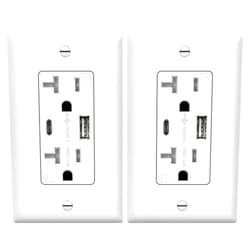TOPGREENER 20 Amp USB Outlet, Type C USB Wall Charger Outlet, 20A Tamper-Resistant Receptacle with 2 USB Charging Ports, Wall Plate Included, TU22036AC-W-2PCS, White, 2 Pack
