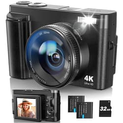Fulealfly 4K Digital Camera for Photography and Video, Autofocus 48MP Vlogging Camera 180° Flip Screen for Selfie and Vlog 16X Zoom Compact Digital Camera with Flash, 32GB Card, 2 Batteries