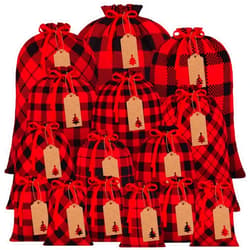 Aneco 15 Packs Christmas Buffalo Plaid Gift Bags with Drawstring Xmas Stocking Bags with 24 Pieces Kraft Tags for Gift Wrapping, Daily use, Assorted sizes