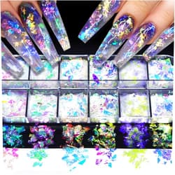 ZASKHLD 12 Colors Iridescent Chrome Nail Art Sequins Aurora Holographic Mermaid Nail Glitter Flakes Irregular Ice Slag Chunky Glitter Chameleon Flakes Set Fluorescent Glass Paper for Face Body DIY Decoration